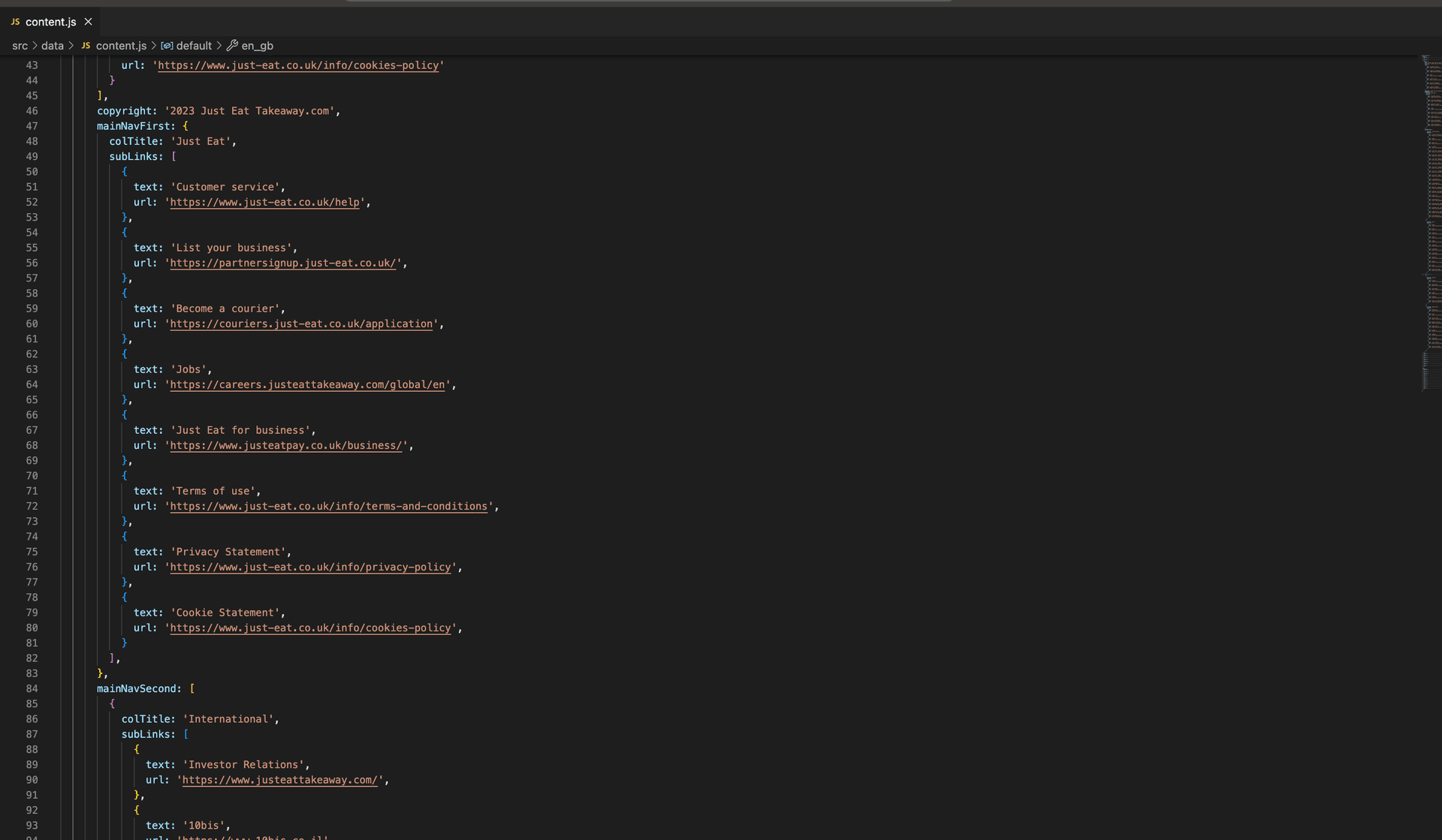 content.js file showing the footer data